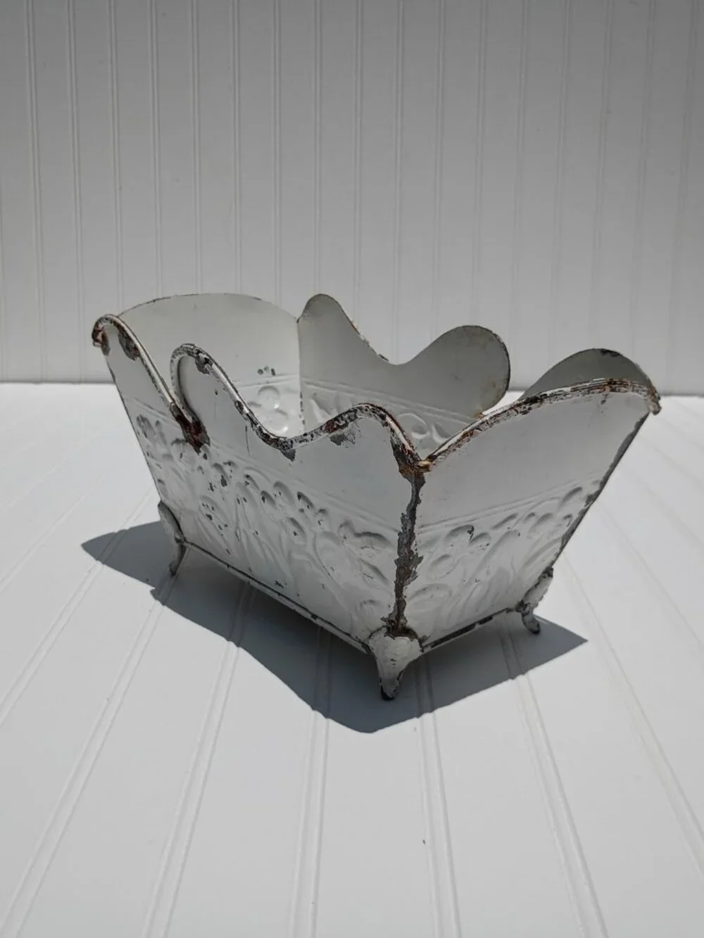 Vintage Metal Planter White Distressed Farmhouse Fruit Embossed Footed Cottage